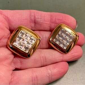 VINTAGE PREMIER DESIGNS GOLD TONE AND ILLUSION SET PRINCESS CUT CRYSTAL EARRINGS
